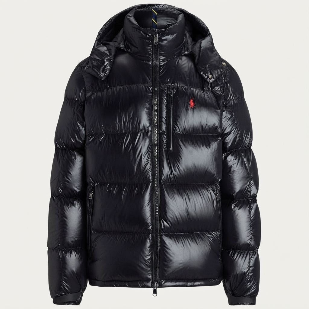 Doudoune Ralph Lauren noire brillante à capuche, col montant et matelassage horizontal