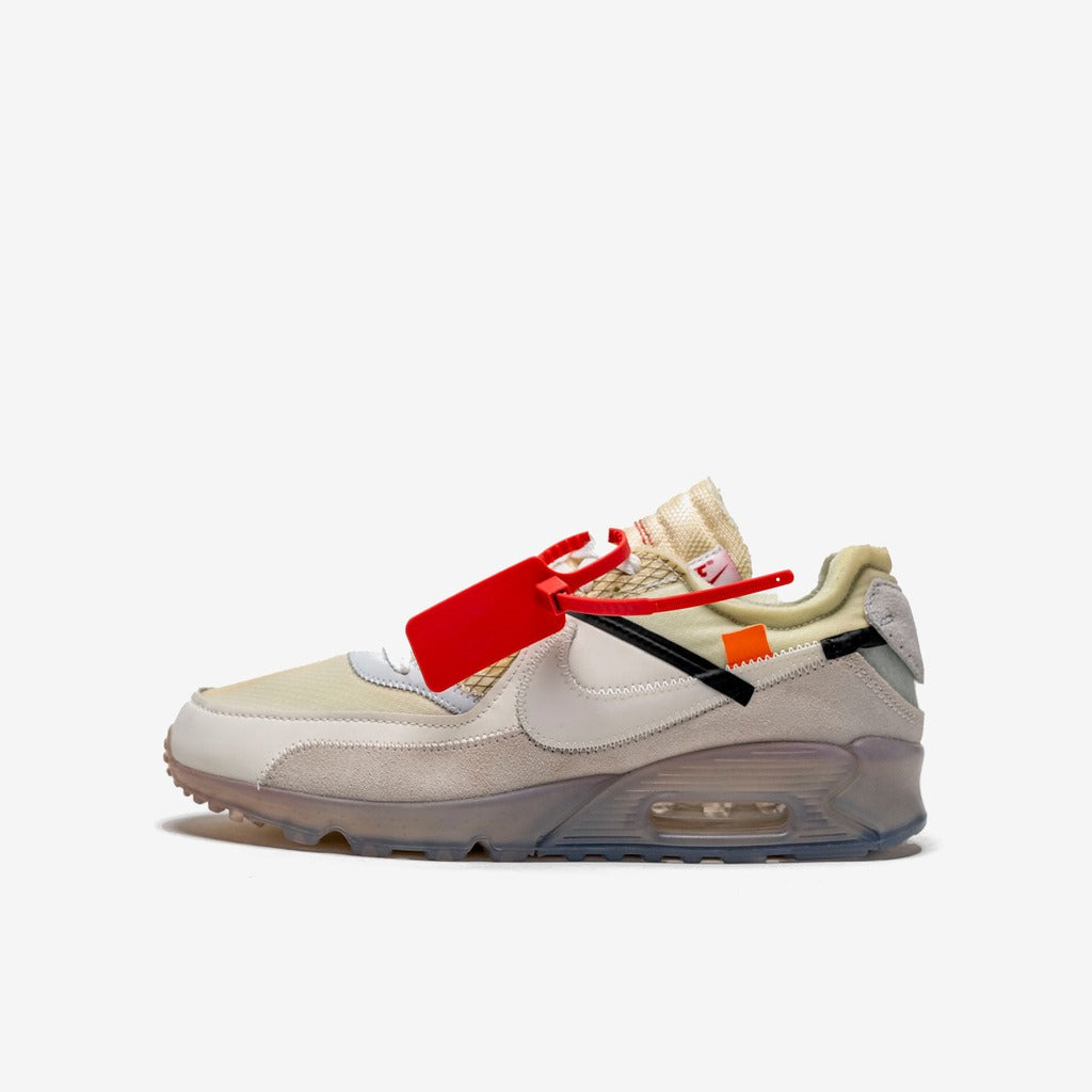 Nike Air Max 90 Off-White crème et grise, attache rouge et détail orange, vue de profil