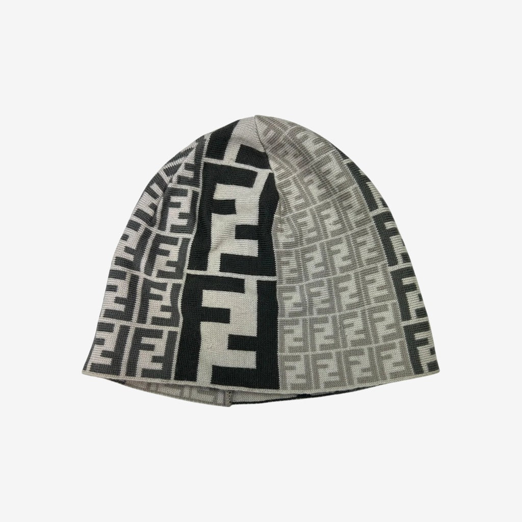 Bonnet Fendi FF noir et gris : motifs ff noirs, gris et blanc cassé