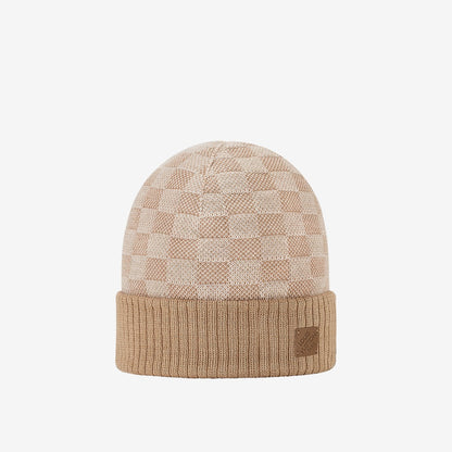 Bonnet écharpe LV Néo Petit Damier beige : damier beige et crème, revers camel, vue du bonnet