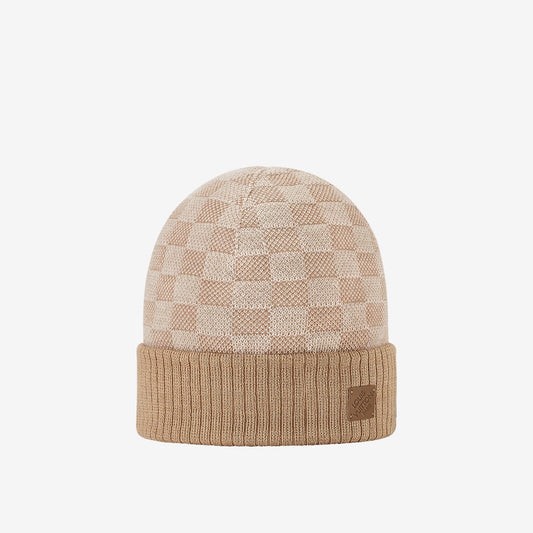 Bonnet écharpe LV Néo Petit Damier beige : damier beige et crème, revers camel, vue du bonnet