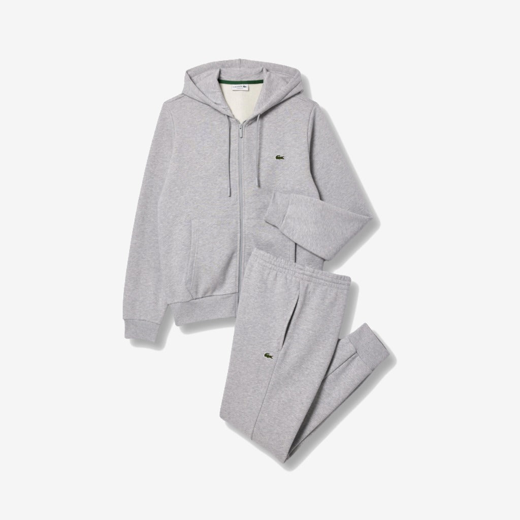 Ensemble Lacoste gris clair chiné, haut zippé à capuche et pantalon assorti