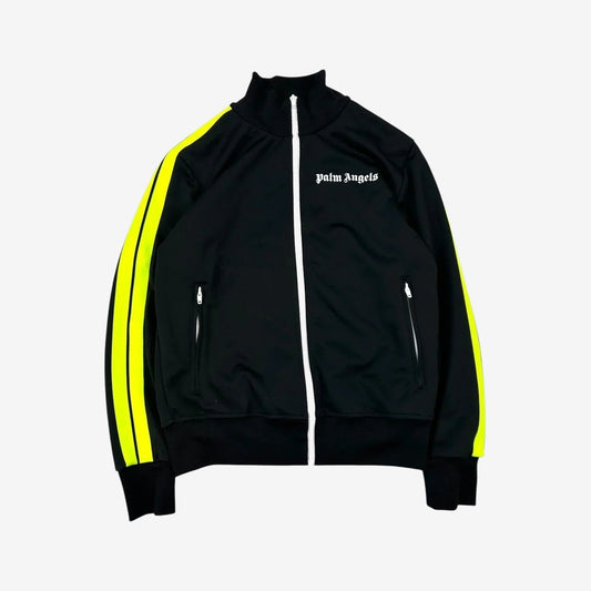 Veste Palm Angels noire à bandes jaunes et fermeture blanche, vue de face