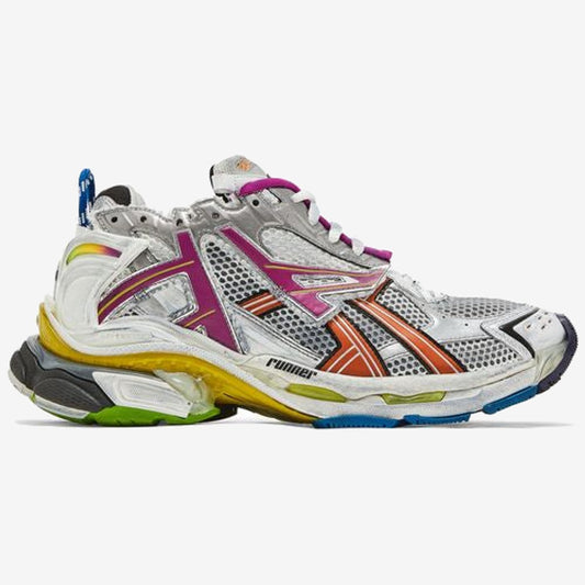 Balenciaga Runner grise multicolore à bandes violettes et orange et semelle à accents jaunes verts et bleus