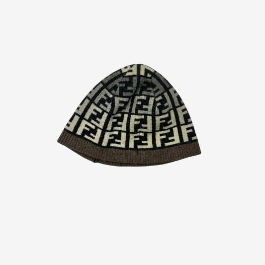 Bonnet Fendi FF beige et marron : motifs ff clairs et bord marron