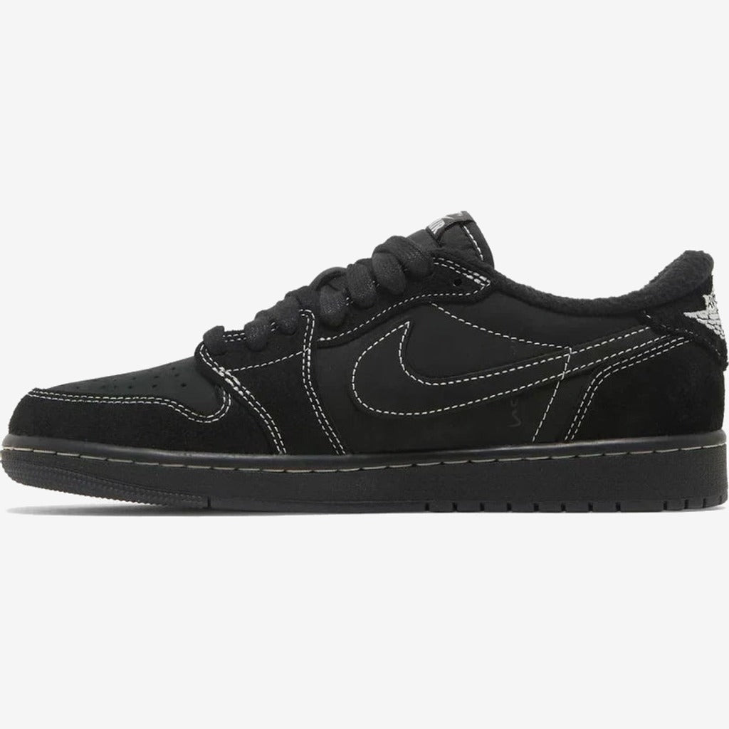 Jordan 1 Travis Scott Black Phantom noire à surpiqûres claires, vue de profil