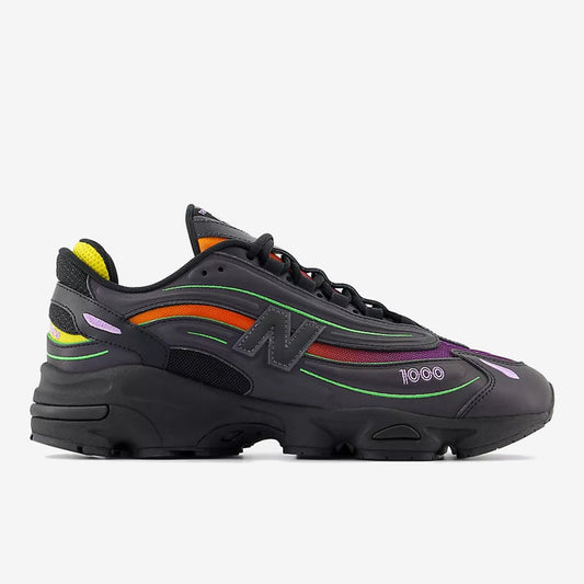 New Balance 1000 Black noire avec détails orange, verts et violets, vue de profil