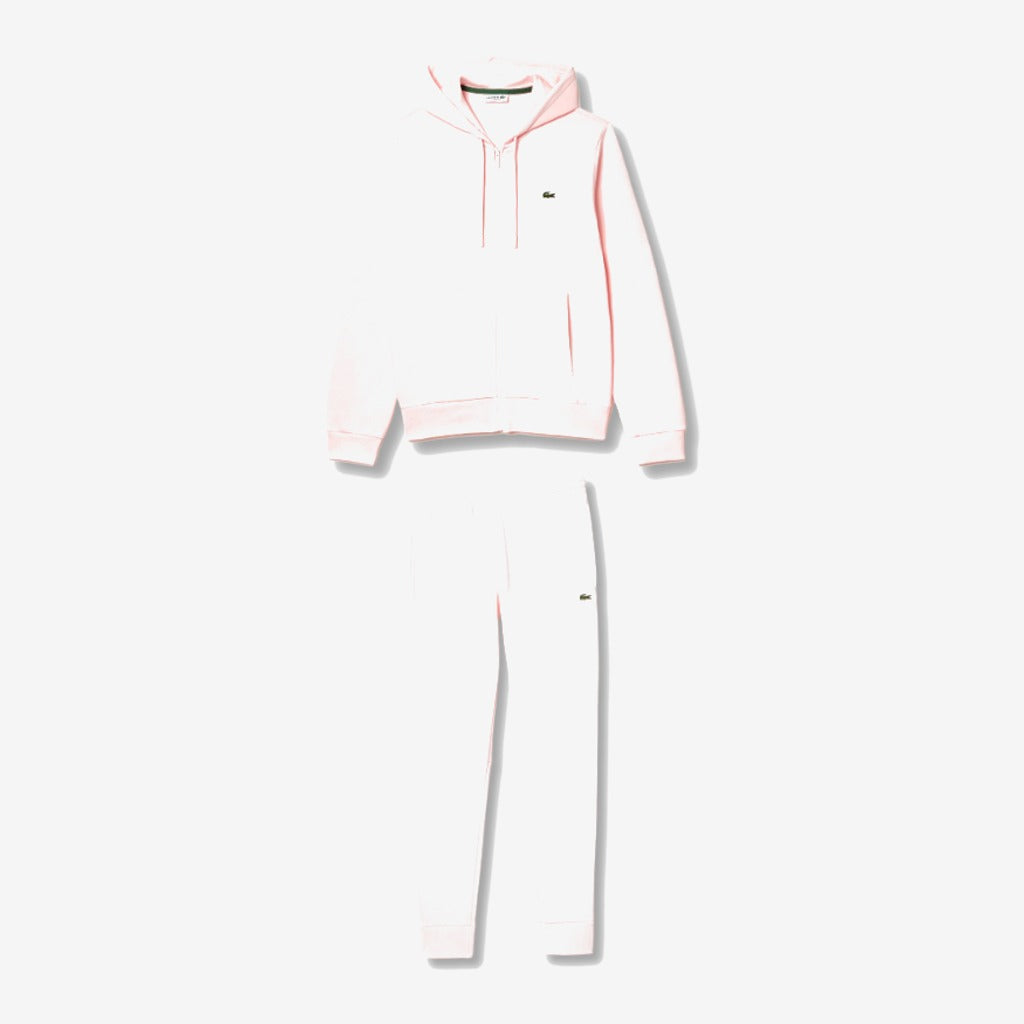 Ensemble Lacoste rose pâle, haut à capuche et pantalon assorti avec détails verts