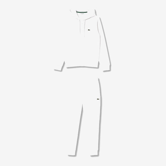 Ensemble Lacoste blanc, haut à capuche et pantalon assorti avec détails crocodile verts