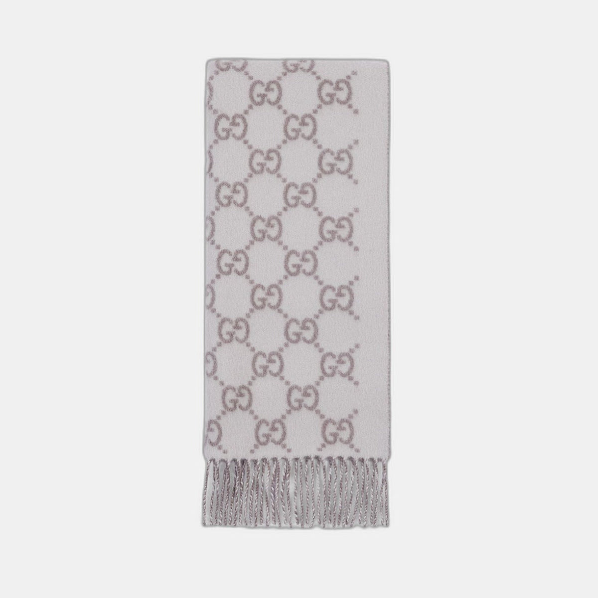 Bonnet écharpe Gucci GG ivoire et gris : motifs gg ivoire et gris, écharpe à franges, vue du bonnet