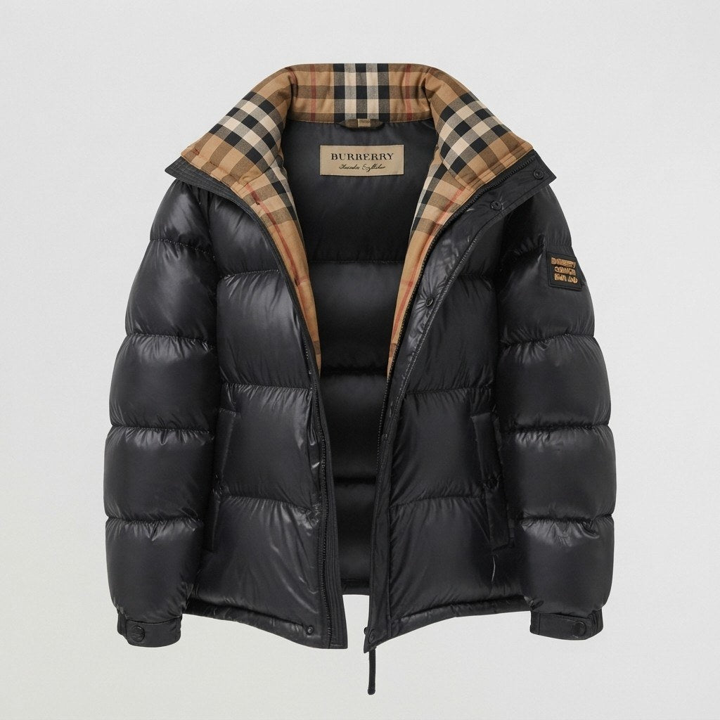Doudoune Burberry noire col Check beige : noir brillant et col à carreaux beige