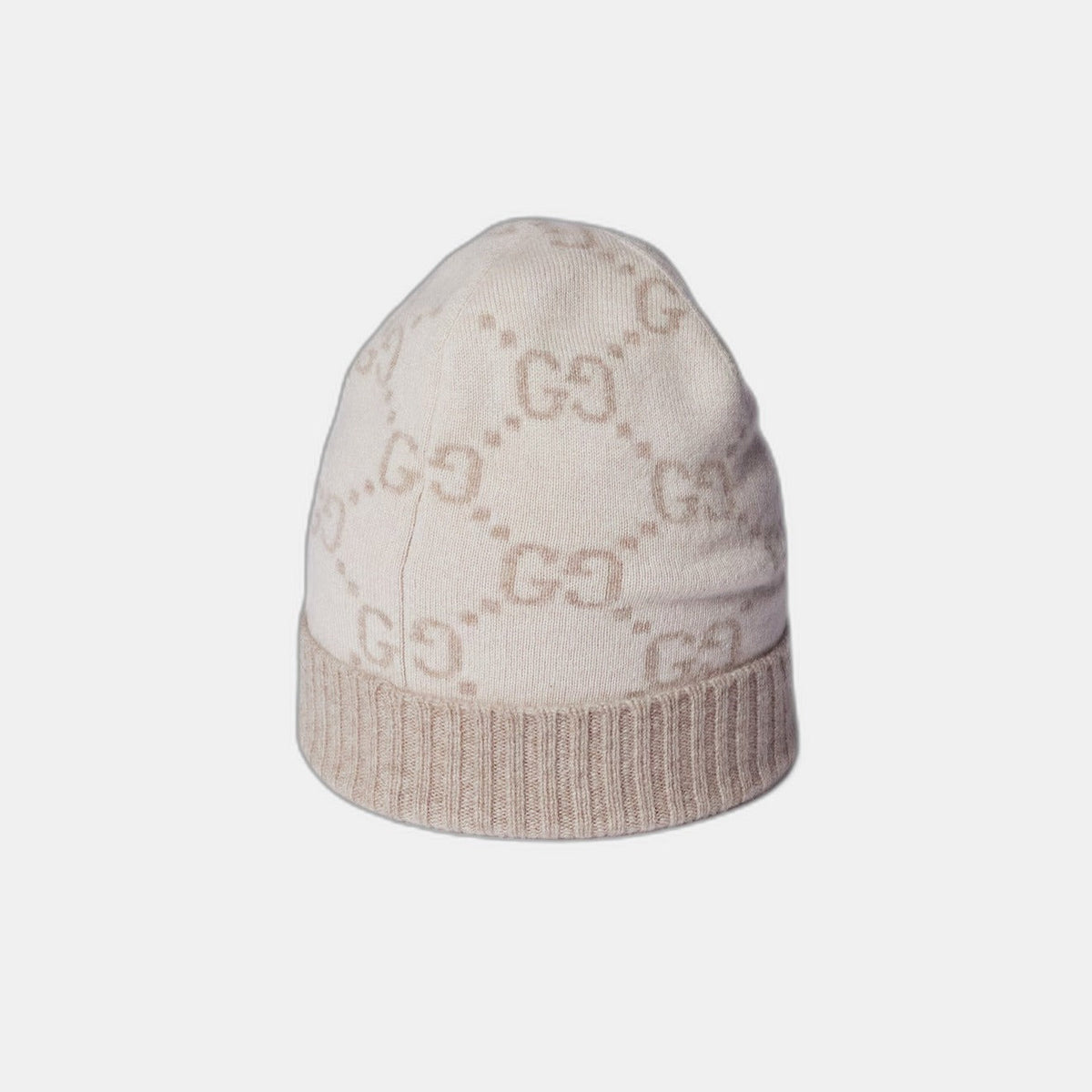 Bonnet écharpe Gucci GG blanc et beige : motifs gg blanc cassé et beige, vue du bonnet