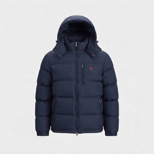 Doudoune Ralph Lauren bleu marine à capuche, matelassage horizontal et poche poitrine zippée