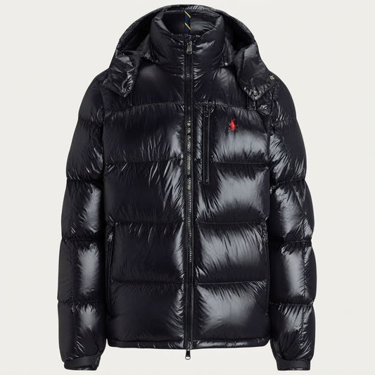 Doudoune Ralph Lauren noire brillante à capuche, col montant et matelassage horizontal
