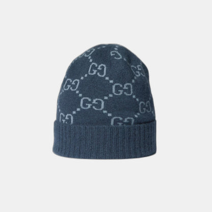 Bonnet écharpe Gucci GG bleu : motifs gg marine et bleu clair, vue du bonnet
