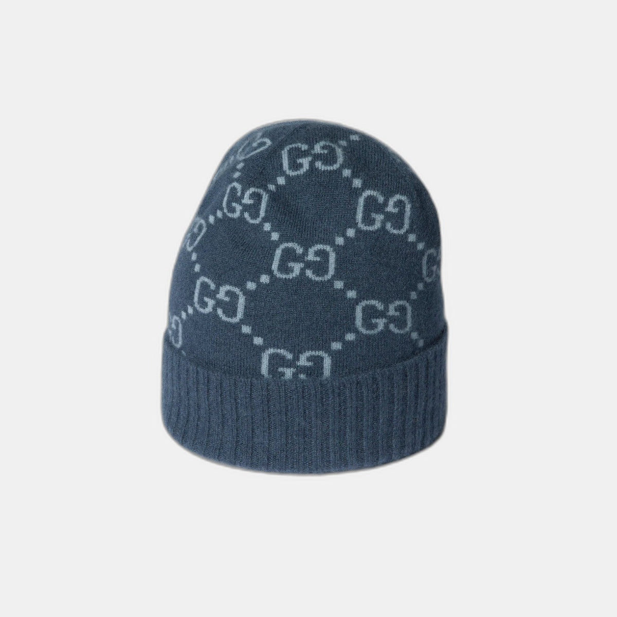 Bonnet écharpe Gucci GG bleu : motifs gg marine et bleu clair, vue du bonnet