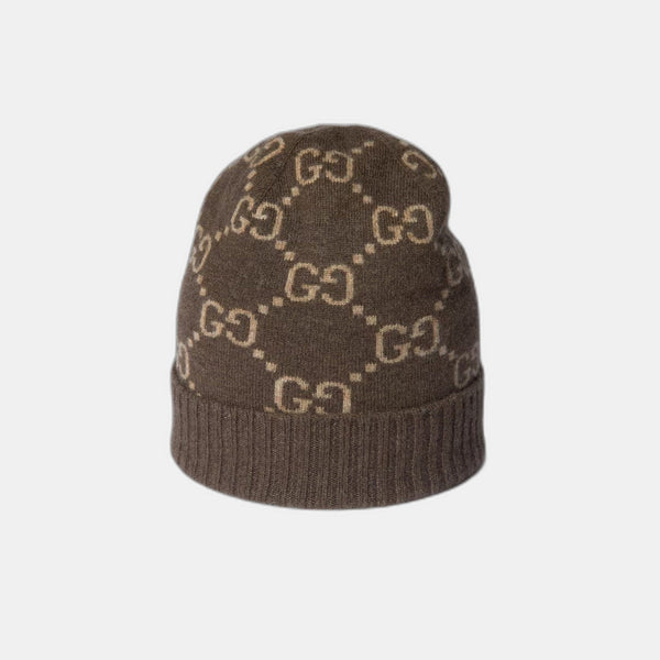 Bonnet et Écharpe en jacquard de cachemire GG marron et beige