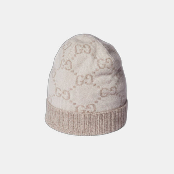 Bonnet et Écharpe en jacquard de cachemire GG blanc cassé et beige