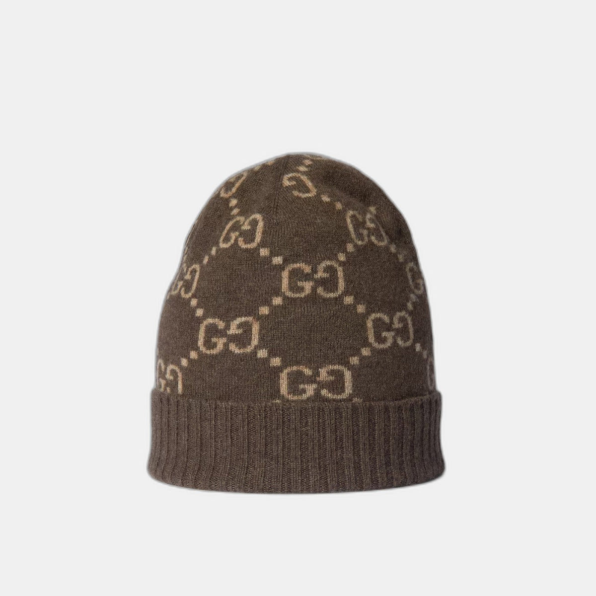 Bonnet écharpe Gucci GG marron et beige : motifs gg marron et beige, écharpe à franges, vue du bonnet