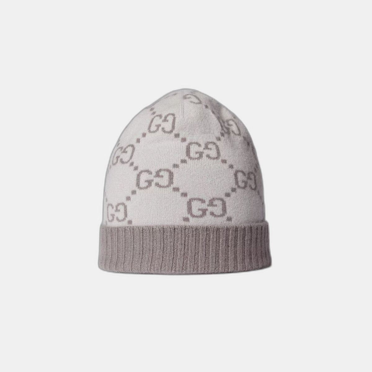 Bonnet écharpe Gucci GG ivoire et gris : motifs gg ivoire et gris, écharpe à franges, vue du bonnet