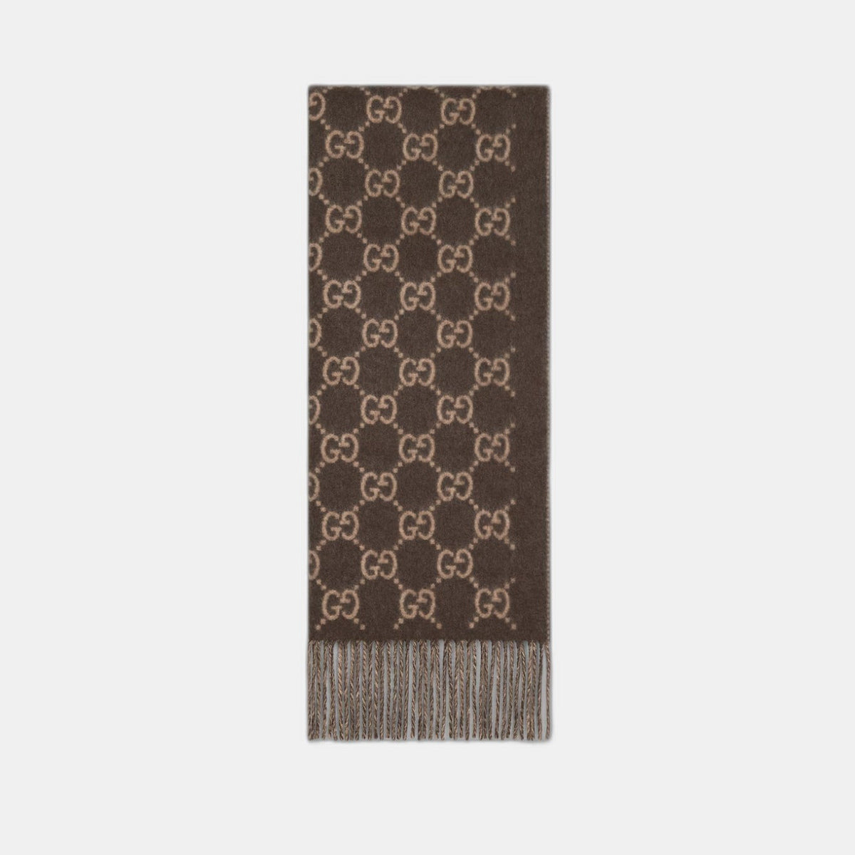 Bonnet écharpe Gucci GG marron et beige : motifs gg marron et beige, écharpe à franges, vue du bonnet