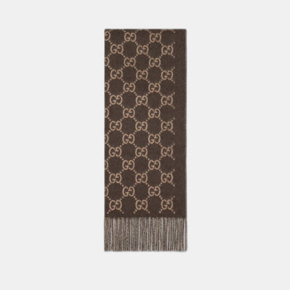 Bonnet écharpe Gucci GG marron et beige : motifs gg marron et beige, écharpe à franges, vue du bonnet