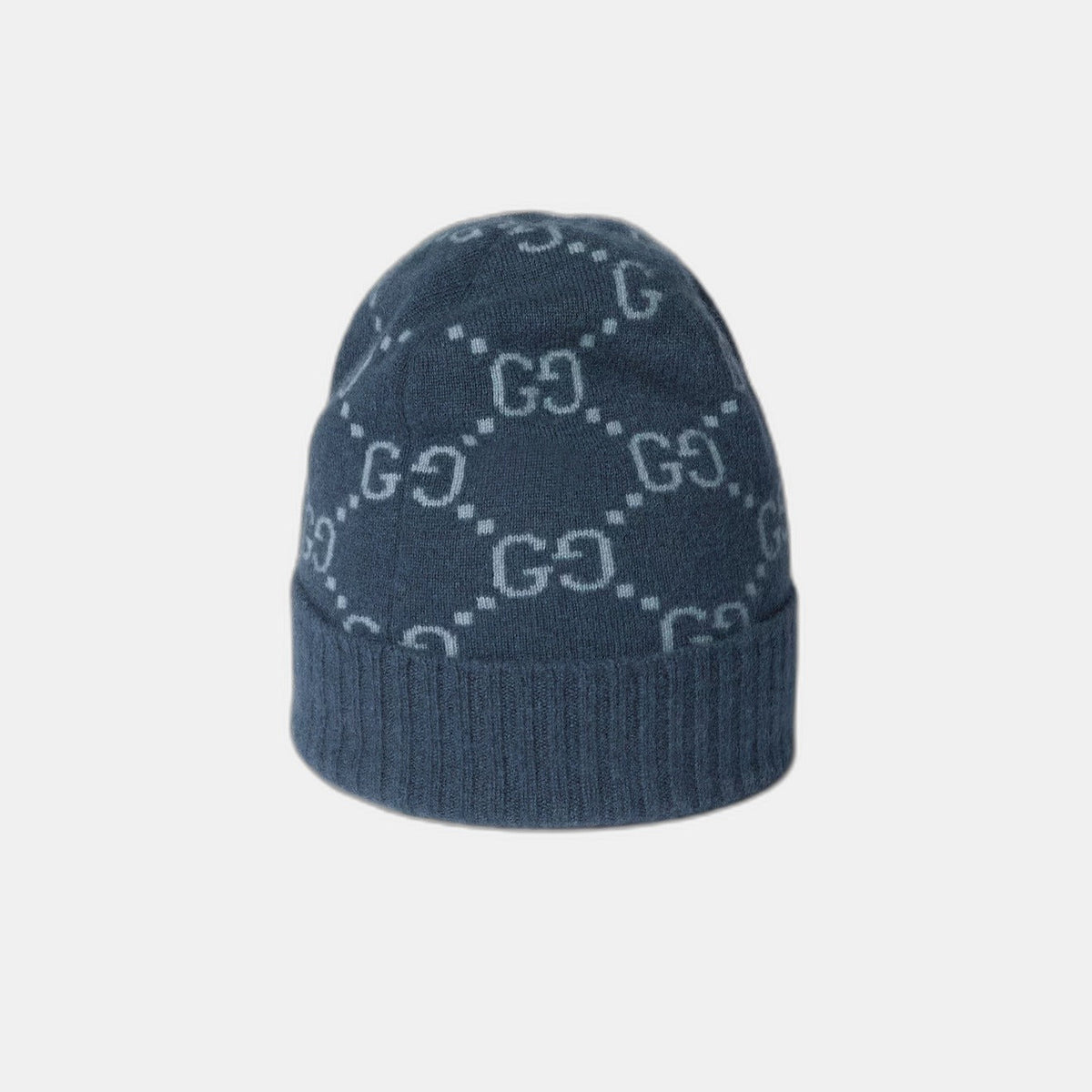 Bonnet écharpe Gucci GG bleu : motifs gg marine et bleu clair, vue du bonnet