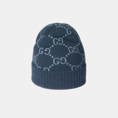 Bonnet écharpe Gucci GG bleu : motifs gg marine et bleu clair, vue du bonnet