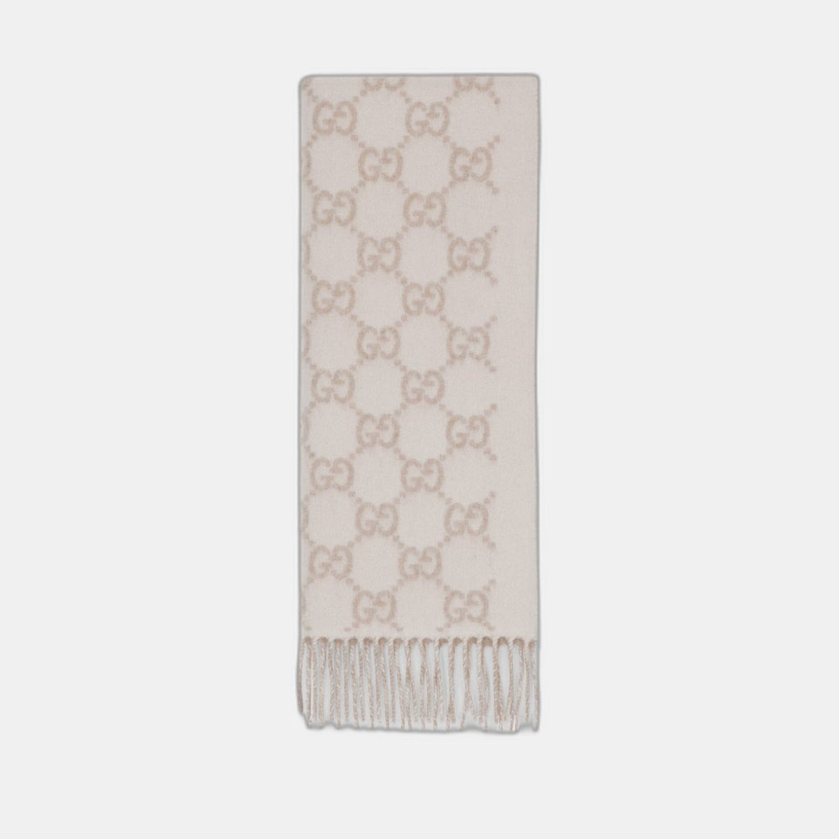 Bonnet écharpe Gucci GG blanc et beige : motifs gg blanc cassé et beige, vue du bonnet