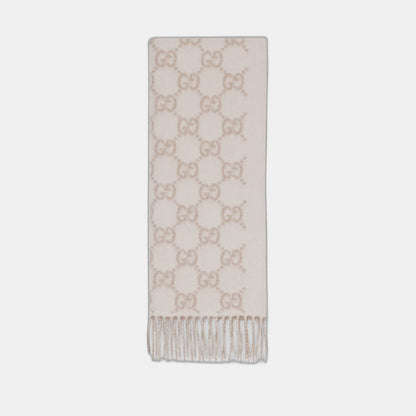 Bonnet écharpe Gucci GG blanc et beige : motifs gg blanc cassé et beige, vue du bonnet