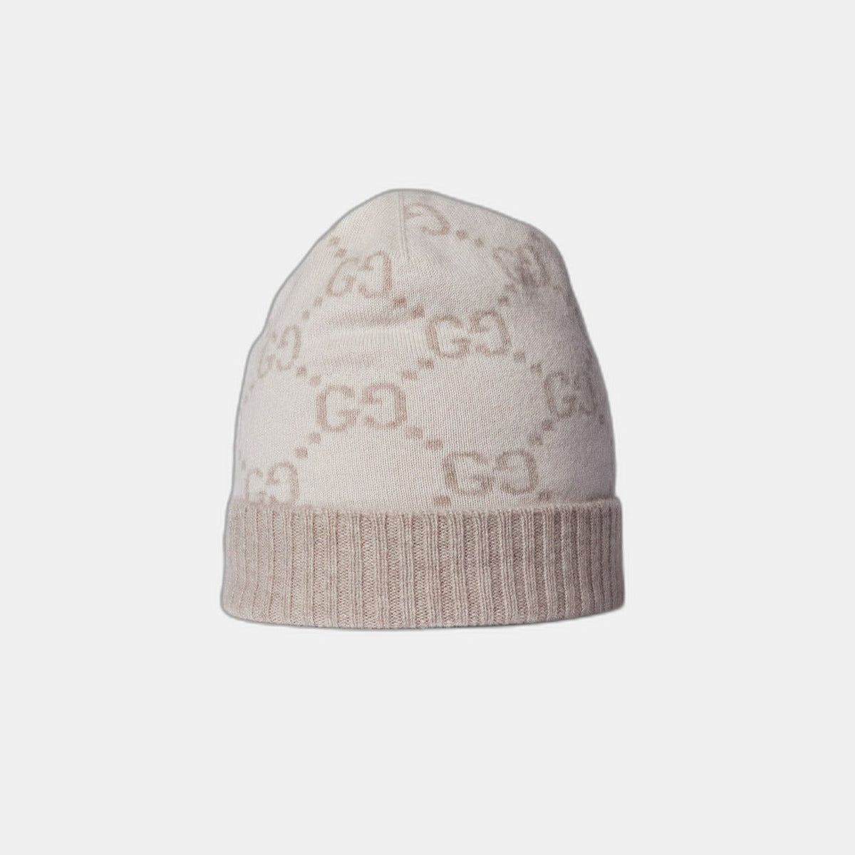 Bonnet écharpe Gucci GG blanc et beige : motifs gg blanc cassé et beige, vue du bonnet