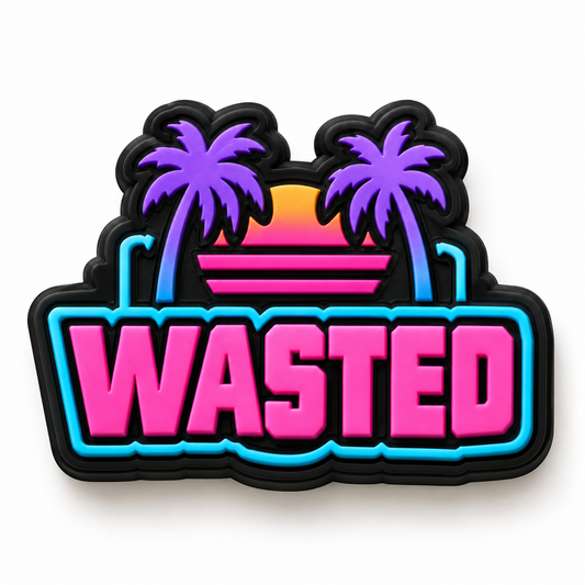 Pin Jibbitz GTA 6 Wasted néon rose et bleu avec palmiers pour Crocs 