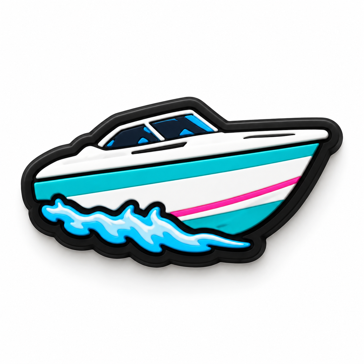 Pin's Crocs GTA 6 bateau hors-bord blanc et turquoise avec liseré rose sur les vagues 