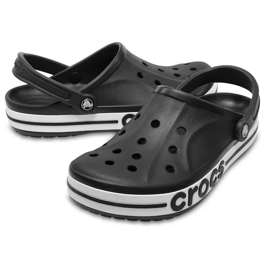 Crocs : paire Bayaband noire avec bandes blanches autour de la semelle