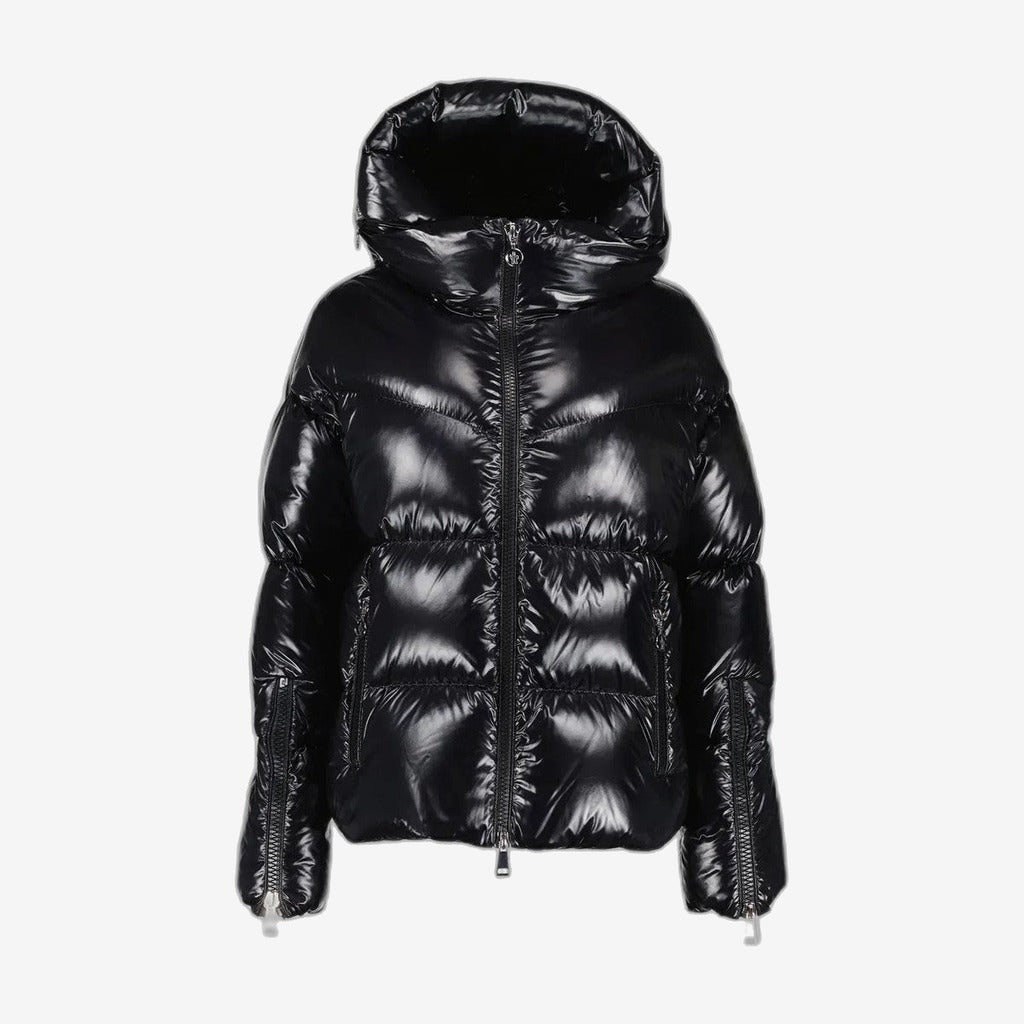 Doudoune Moncler Huppe noire : noir très brillant et col volumineux