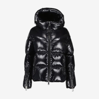 Doudoune Moncler Huppe noire : noir très brillant et col volumineux