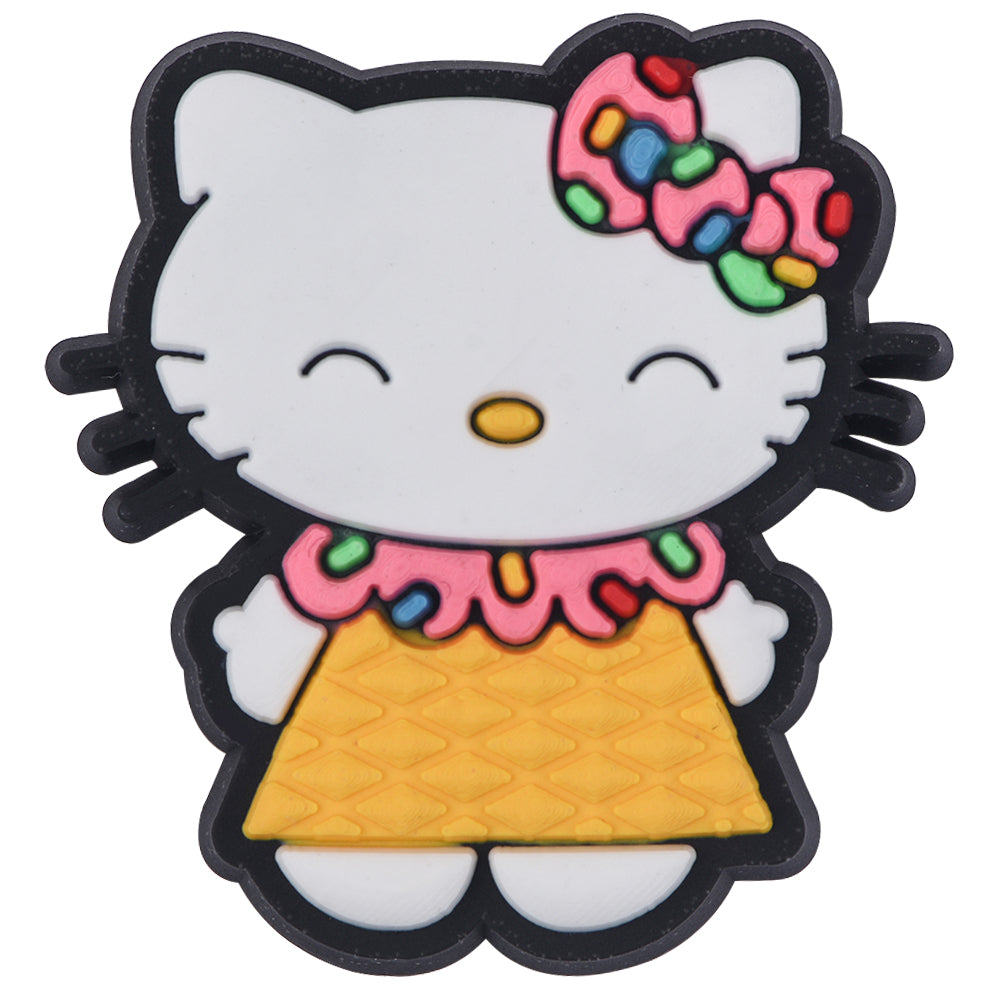 Pin's Hello Kitty robe jaune gaufre et nœud coloré pour Crocs, jibbitz gourmand 
